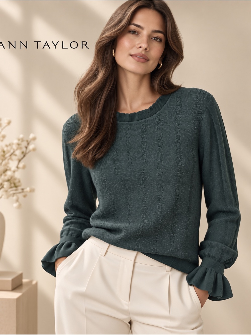 Ann Taylor Dark Teal Ruffle-Cuff Women Knit Sweater 🍁